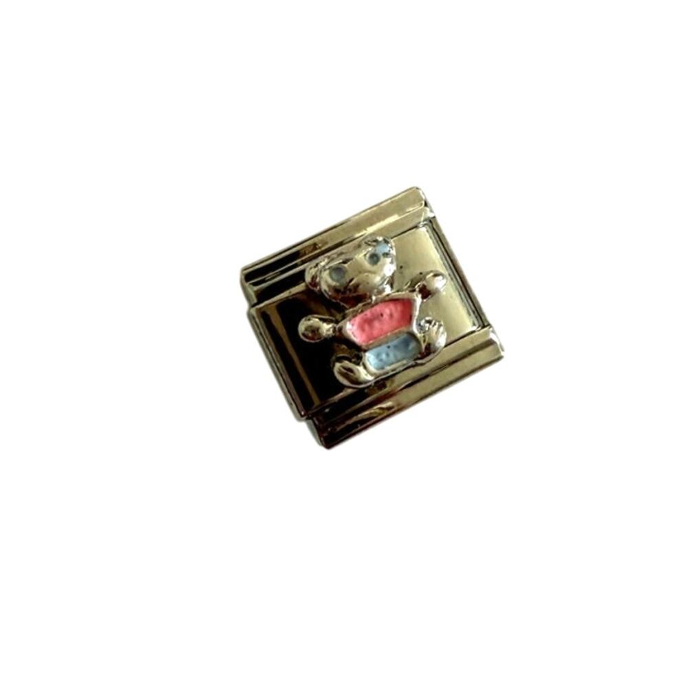 NWT 9mm Teddy Bear Pink Purple Silver Stainless Steel Vintage Italian Charms